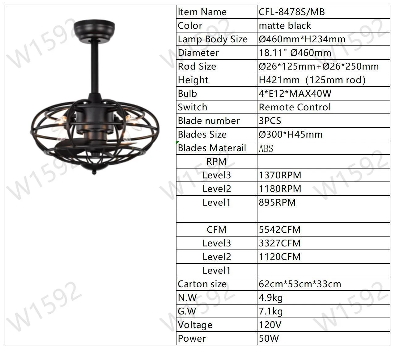 18.1" Caged Ceiling Fan with  Remote Control,Timer, 3 Speeds Indoor Ceiling Fan