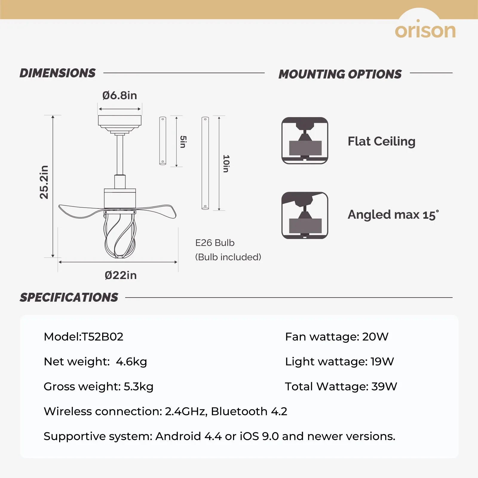 22" Orison Farmhouse Ceiling Fan with Remote and App Control for Bedroom Kitchen Patio