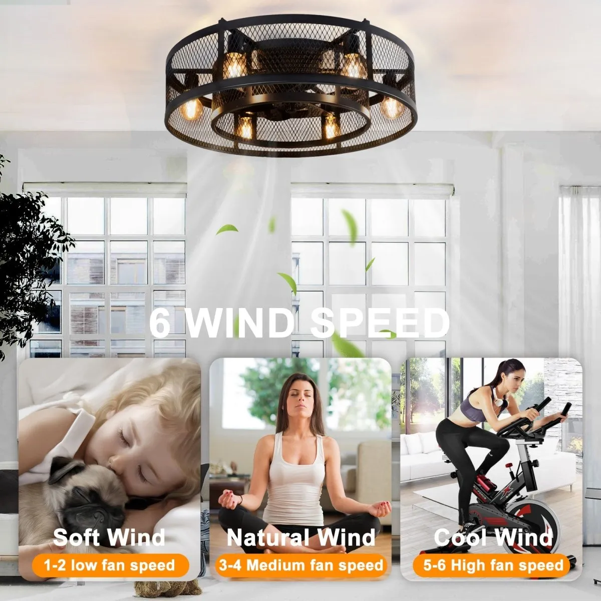 25.6'' Farmhouse Caged Ceiling Fan with Lights Remote Control, Flush Mount Bladeless Rustic Ceiling Fan for Low Ceiling Indoor Living Room Bedroom Kitchen