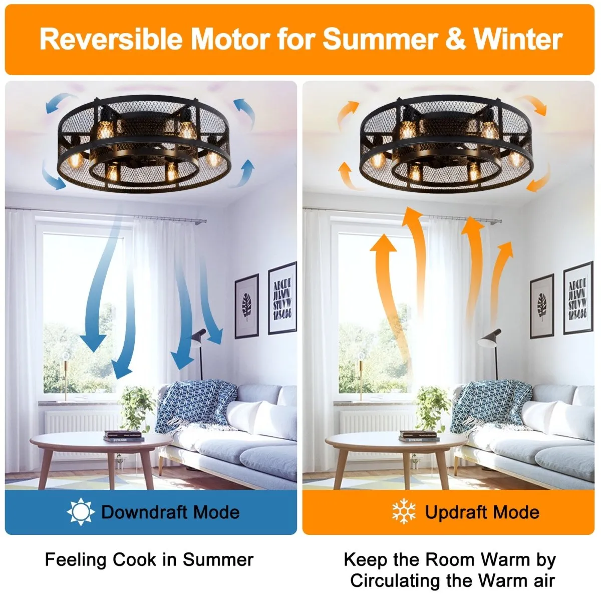 25.6'' Farmhouse Caged Ceiling Fan with Lights Remote Control, Flush Mount Bladeless Rustic Ceiling Fan for Low Ceiling Indoor Living Room Bedroom Kitchen