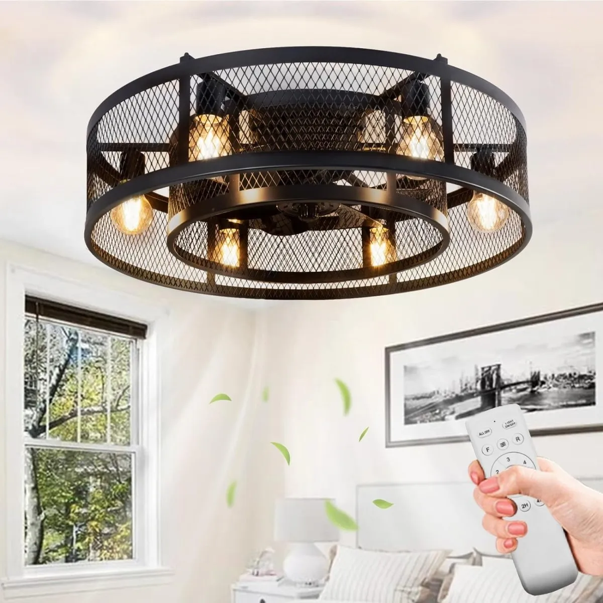 25.6'' Farmhouse Caged Ceiling Fan with Lights Remote Control, Flush Mount Bladeless Rustic Ceiling Fan for Low Ceiling Indoor Living Room Bedroom Kitchen