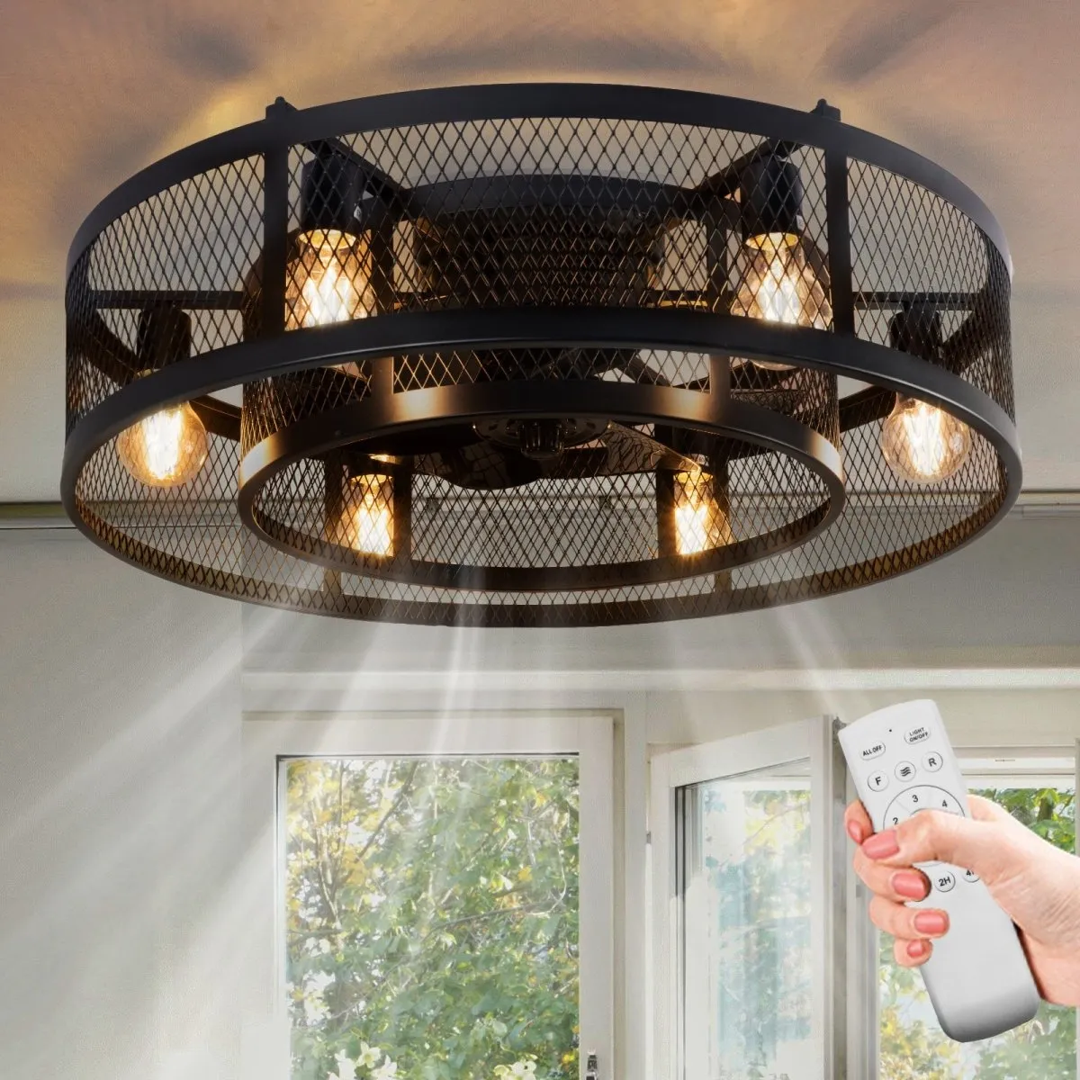 25.6'' Farmhouse Caged Ceiling Fan with Lights Remote Control, Flush Mount Bladeless Rustic Ceiling Fan for Low Ceiling Indoor Living Room Bedroom Kitchen