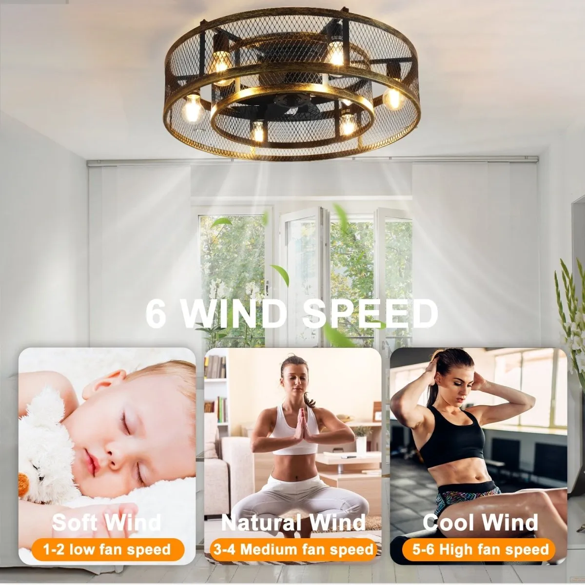 25.6'' Farmhouse Caged Ceiling Fan with Lights Remote Control, Flush Mount Bladeless Rustic Ceiling Fan for Low Ceiling Indoor Living Room Bedroom Kitchen