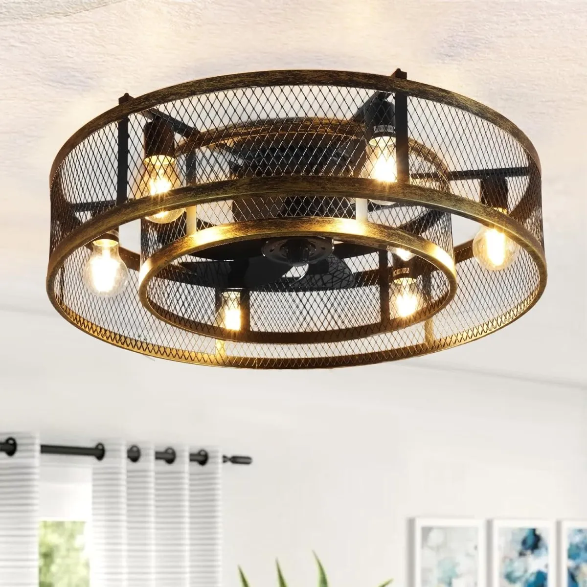 25.6'' Farmhouse Caged Ceiling Fan with Lights Remote Control, Flush Mount Bladeless Rustic Ceiling Fan for Low Ceiling Indoor Living Room Bedroom Kitchen