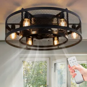 25.6'' Farmhouse Caged Ceiling Fan with Lights Remote Control, Flush Mount Bladeless Rustic Ceiling Fan for Low Ceiling Indoor Living Room Bedroom Kitchen