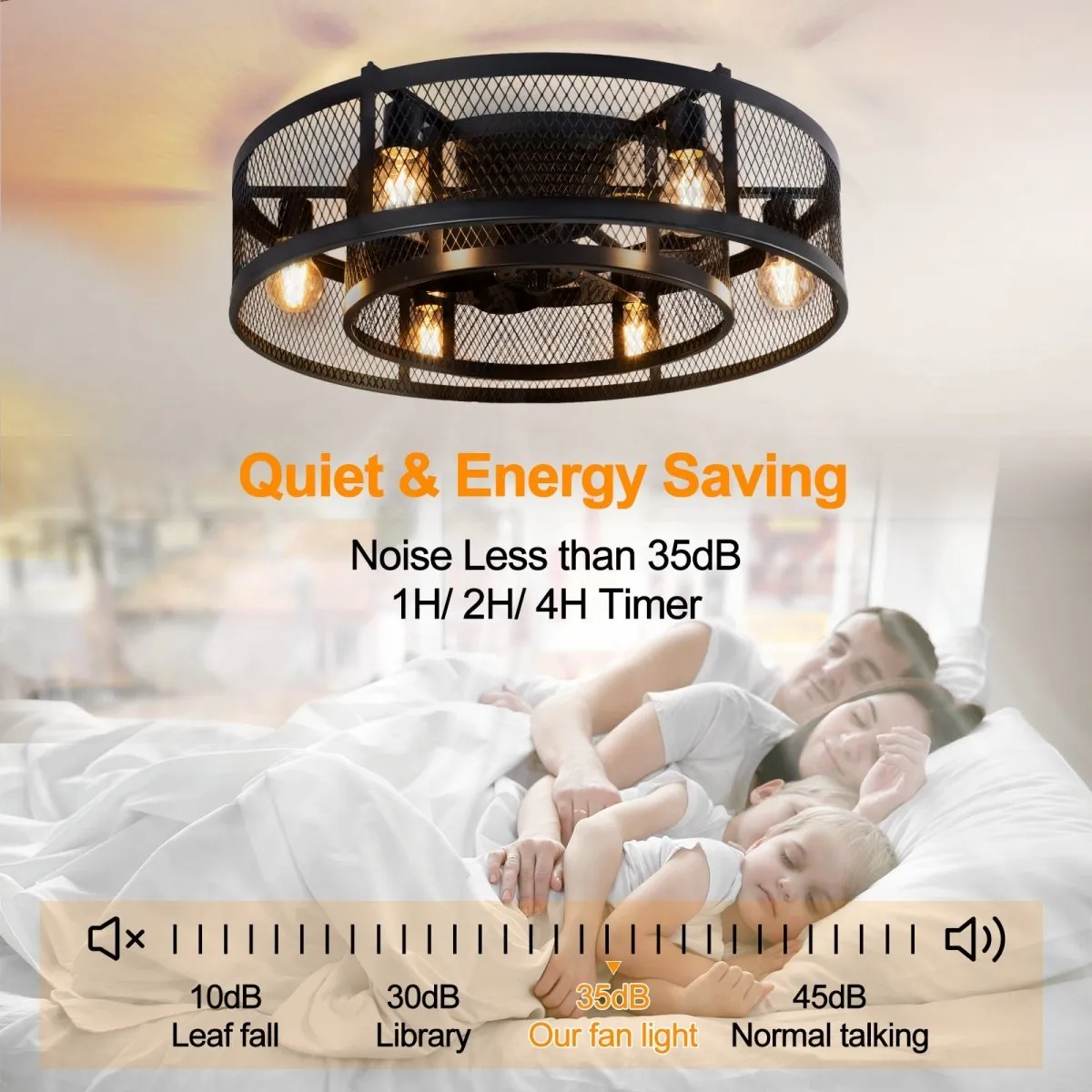 25.6'' Farmhouse Caged Ceiling Fan with Lights Remote Control, Flush Mount Bladeless Rustic Ceiling Fan for Low Ceiling Indoor Living Room Bedroom Kitchen