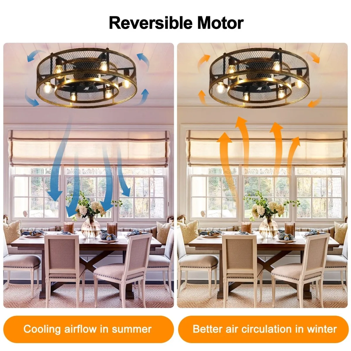 25.6'' Farmhouse Caged Ceiling Fan with Lights Remote Control, Flush Mount Bladeless Rustic Ceiling Fan for Low Ceiling Indoor Living Room Bedroom Kitchen
