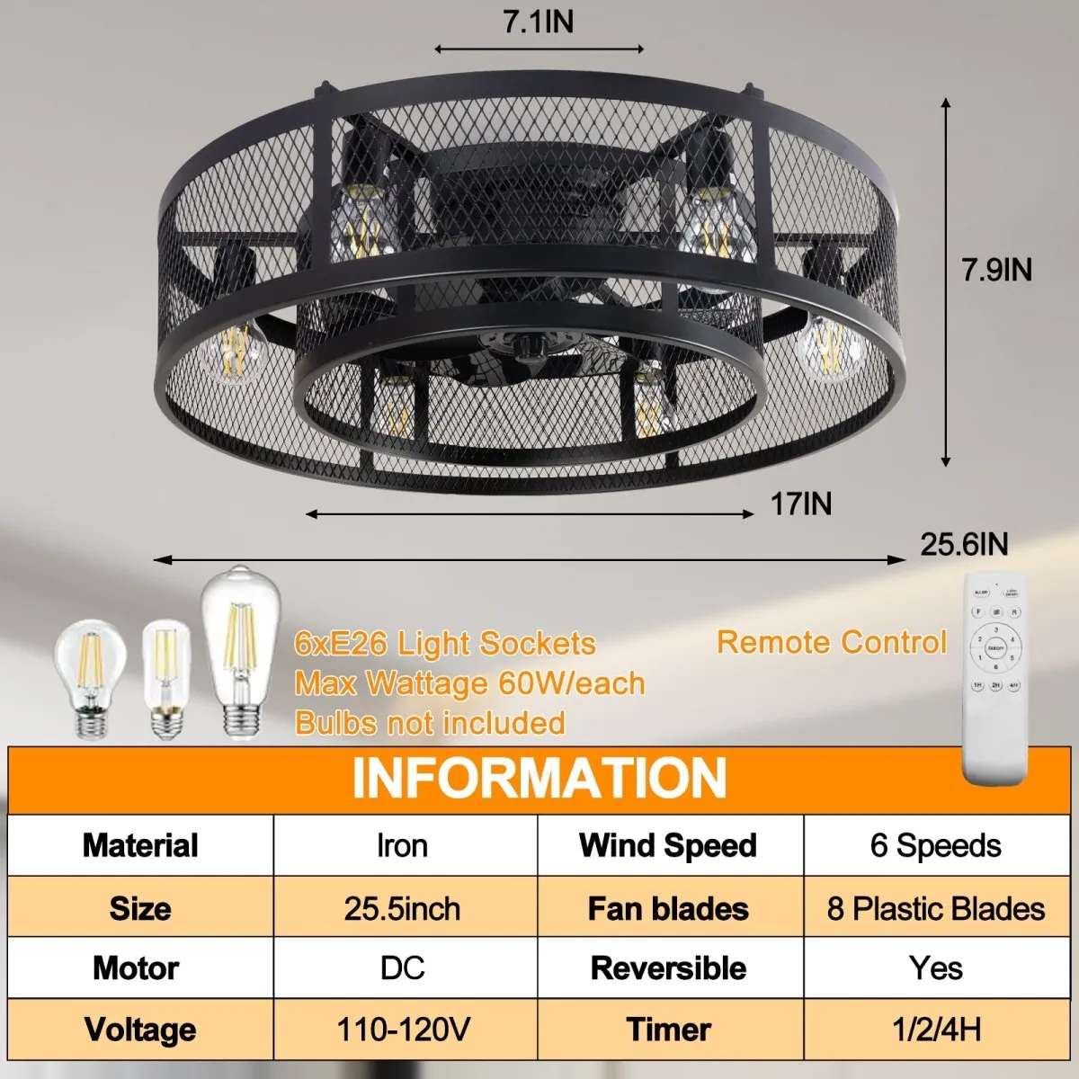 25.6'' Farmhouse Caged Ceiling Fan with Lights Remote Control, Flush Mount Bladeless Rustic Ceiling Fan for Low Ceiling Indoor Living Room Bedroom Kitchen
