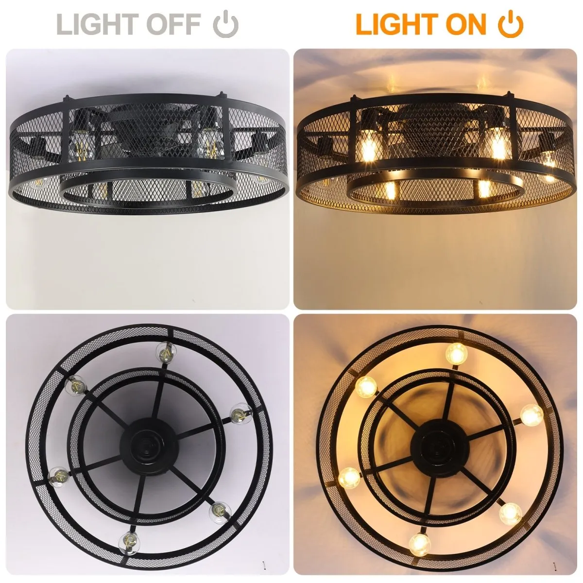 25.6'' Farmhouse Caged Ceiling Fan with Lights Remote Control, Flush Mount Bladeless Rustic Ceiling Fan for Low Ceiling Indoor Living Room Bedroom Kitchen