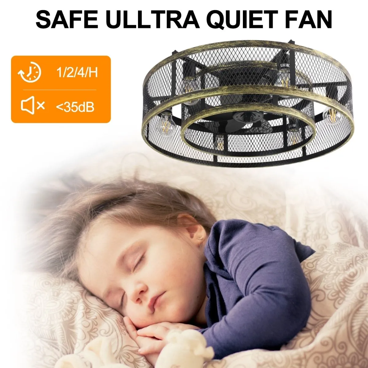 25.6'' Farmhouse Caged Ceiling Fan with Lights Remote Control, Flush Mount Bladeless Rustic Ceiling Fan for Low Ceiling Indoor Living Room Bedroom Kitchen