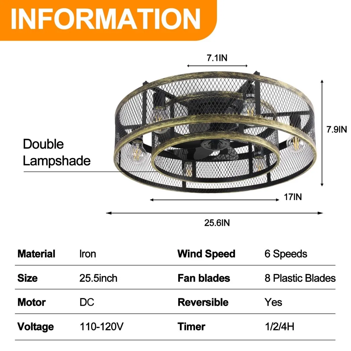 25.6'' Farmhouse Caged Ceiling Fan with Lights Remote Control, Flush Mount Bladeless Rustic Ceiling Fan for Low Ceiling Indoor Living Room Bedroom Kitchen