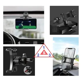 3 in 1 Car GPS Smartphone Holder: Dashboard / Visor Clamp   AC Grid Clip for FarEasTone Smart 509 - Black