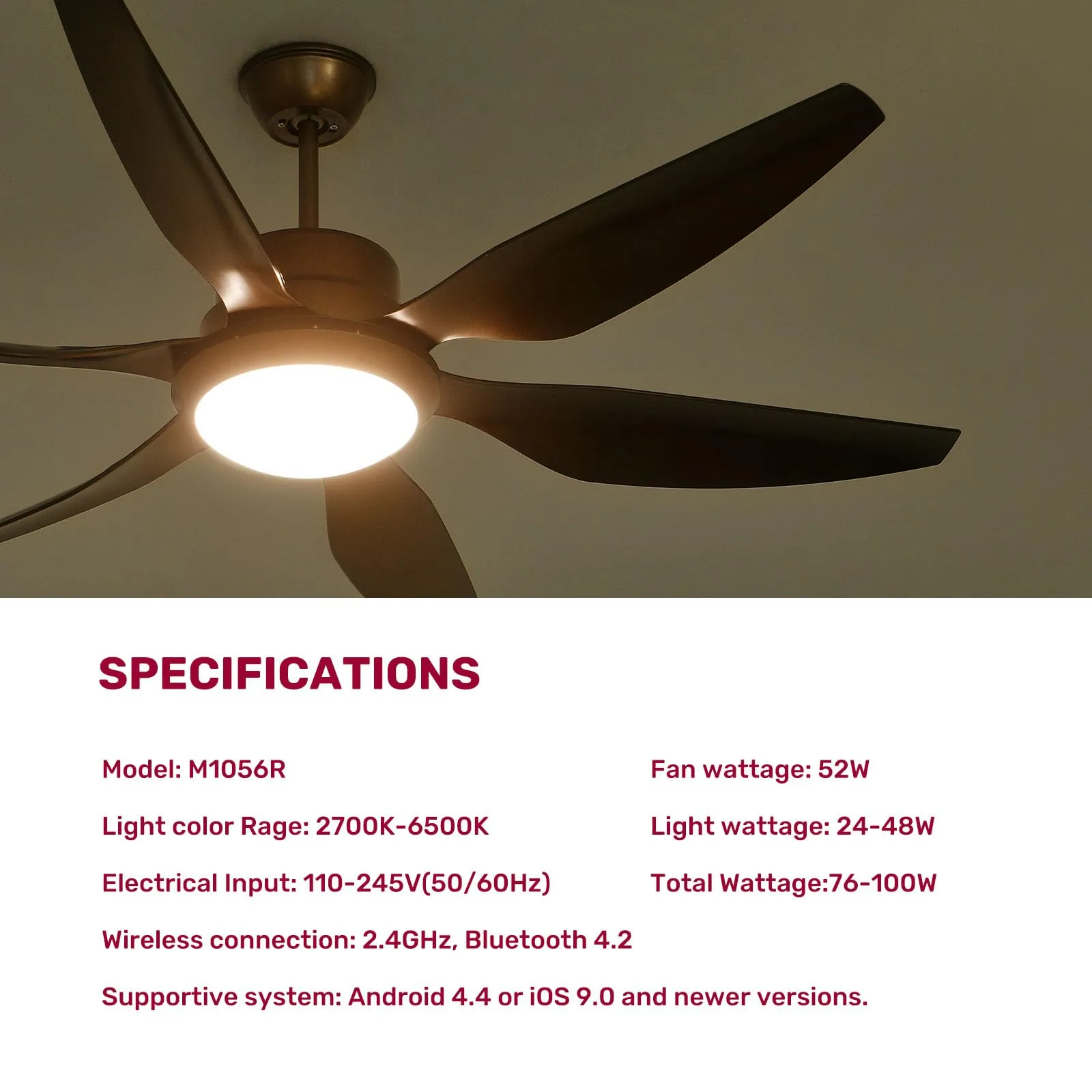 56" YANASO Large Ceiling Fan with Light and Remote - Indoor/Outdoor