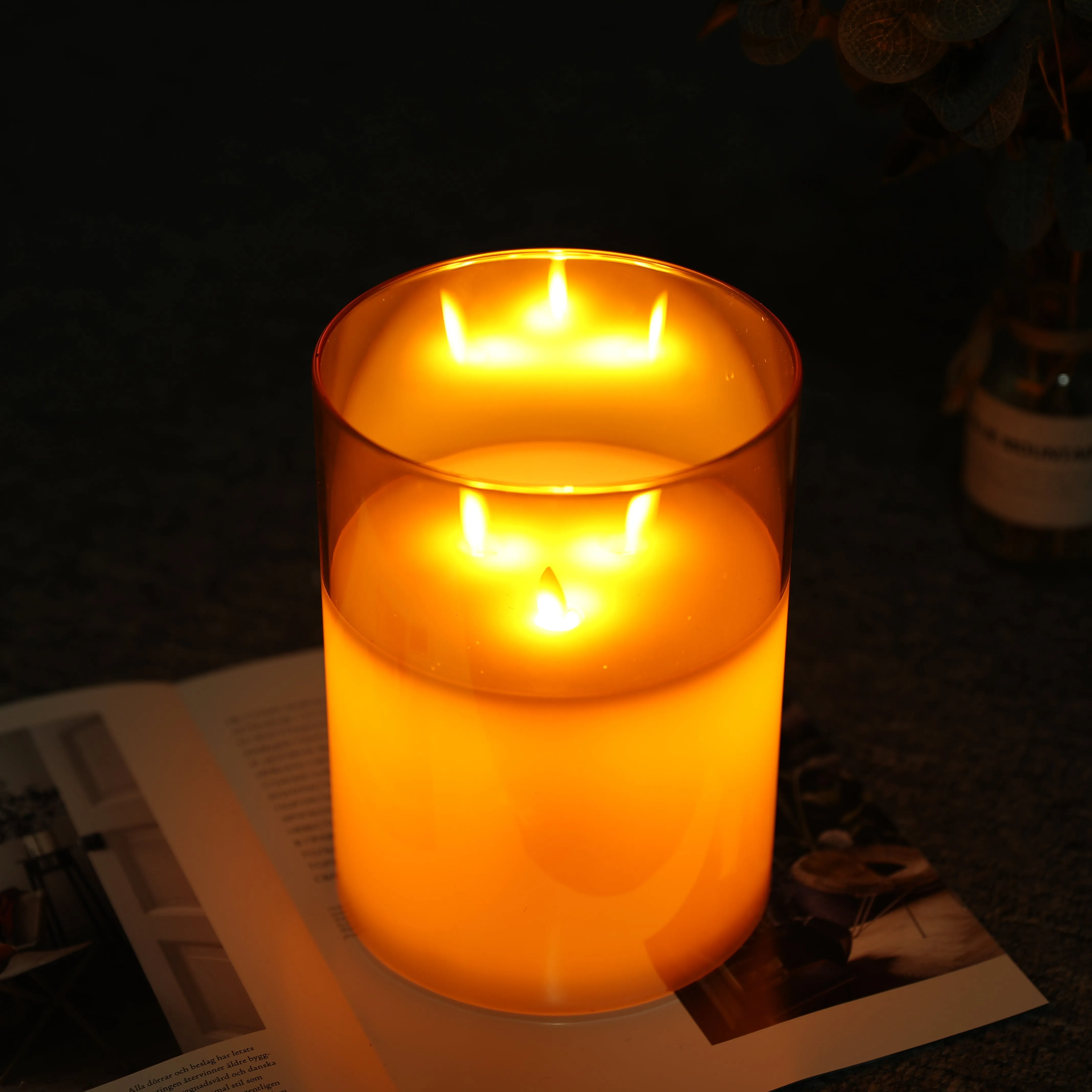 8''High 3-Wick Glass Battery Operated Flameless Candles Yellow