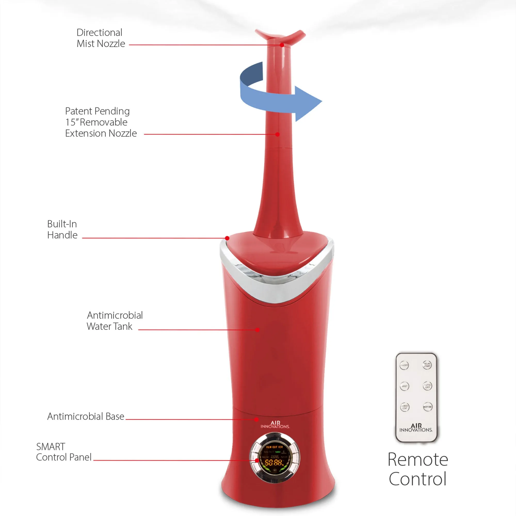 Air Innovations 701BA Ultrasonic Cool Mist Aromatherapy Digital Humidifier, Red