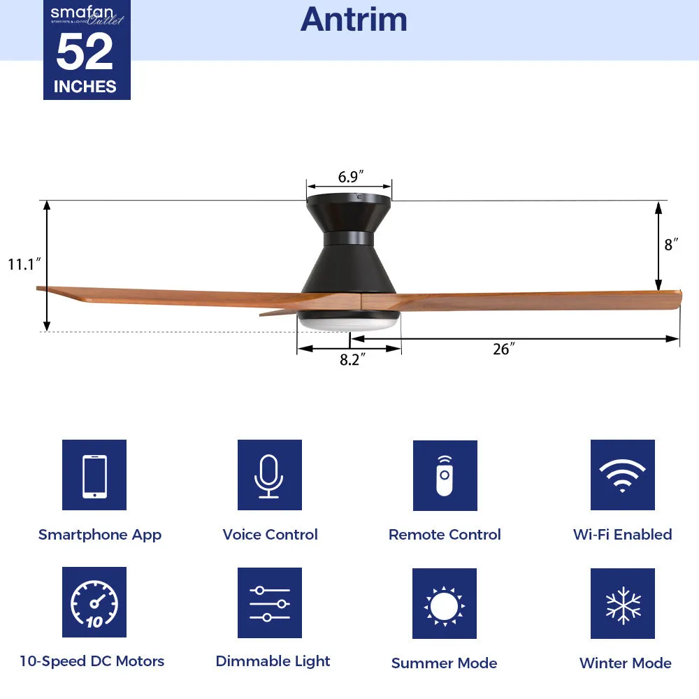 Antrim Flush Mount Smart Outdoor Fan with Led Light and Remote 52"