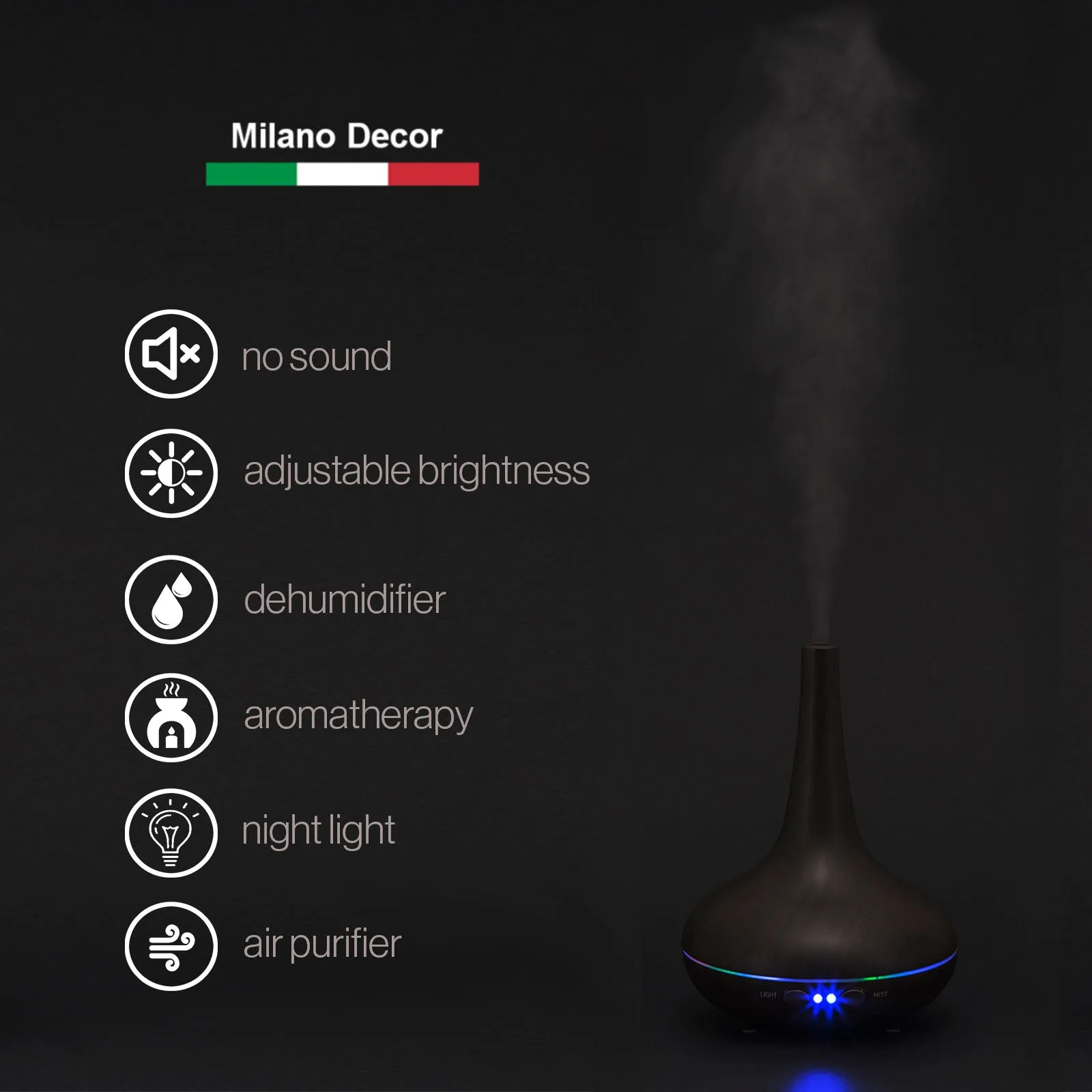 Aroma Diffuser Ultrasonic Humidifier  LED Light 200ML 3 Oils - Dark Wood Grain