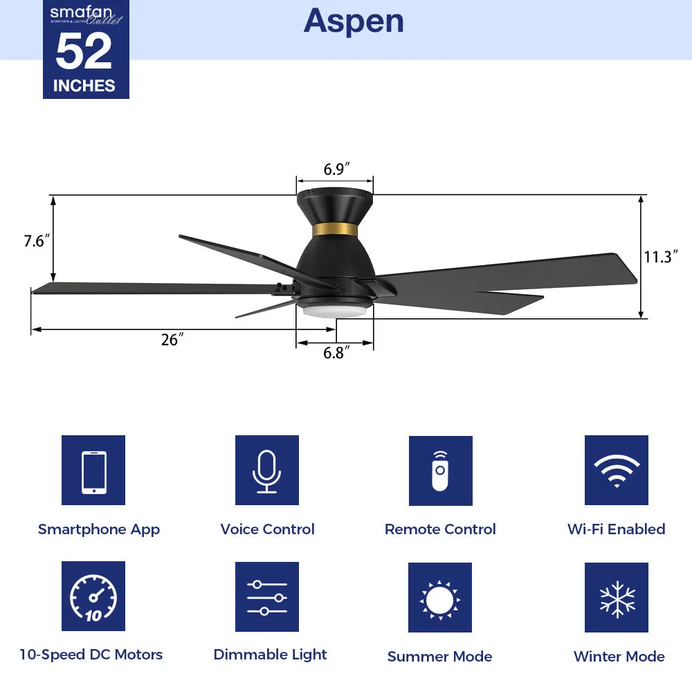 Aspen Low Profile Outdoor/Indoor Smart Ceiling Fan with LED Light 52”