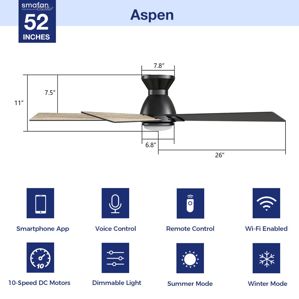 Aspen Low Profile Outdoor/Indoor Smart Ceiling Fan with LED Light 52”