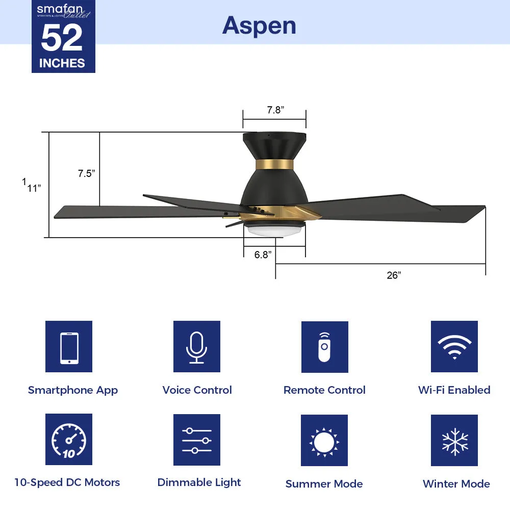 Aspen Low Profile Outdoor/Indoor Smart Ceiling Fan with LED Light 52”