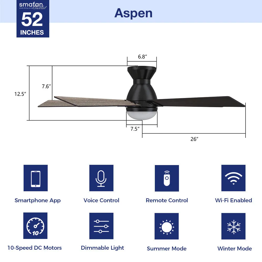 Aspen Low Profile Outdoor/Indoor Smart Ceiling Fan with LED Light 52”