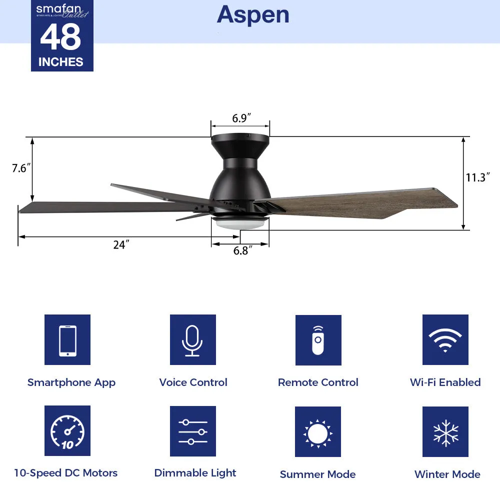 Aspen Low Profile Smart Fan with Light Remote Outdoor/indoor 48"