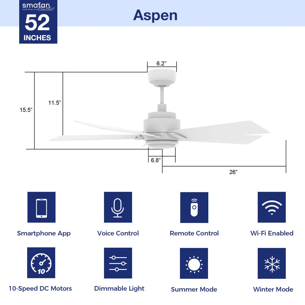 Aspen Smart Ceiling Fan with LED Light and Remote Outdoor/Indoor 52"
