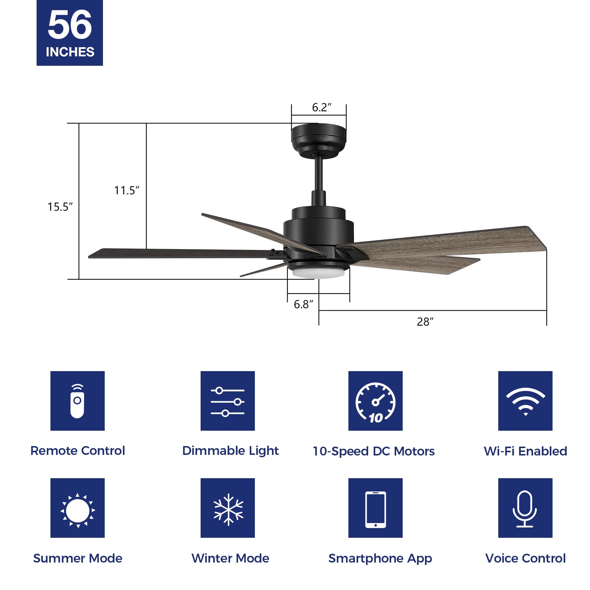 Aspen Smart Ceiling Fan with LED Light and Remote Outdoor/Indoor 56"