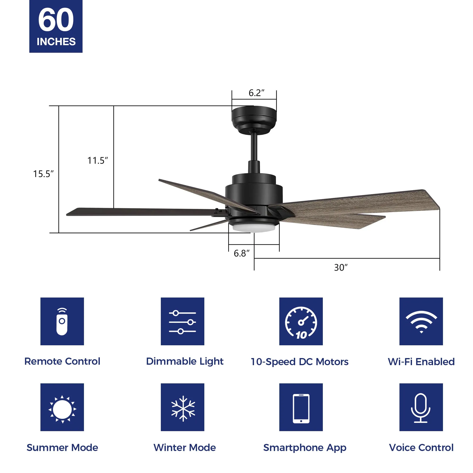 Aspen Smart Ceiling Fan with LED Light Remote Outdoor/Indoor 60"