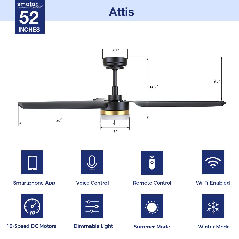 Attis 52 inch Smart Ceiling Fan with Integrated LED Light and Remote