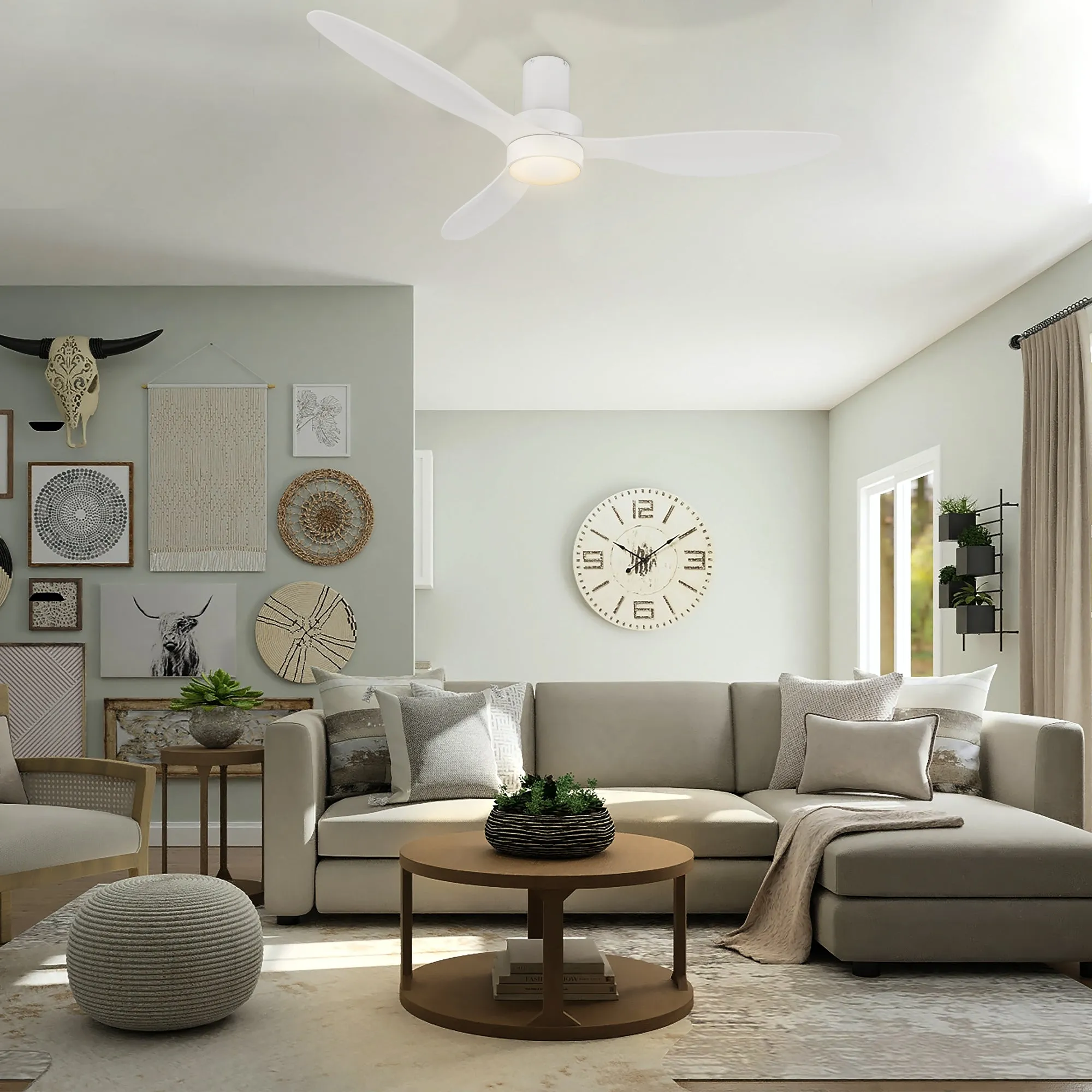 AURORA 52 inch 3-Blade Flush Mount Smart Ceiling Fan with LED Light Kit & Remote- White/White