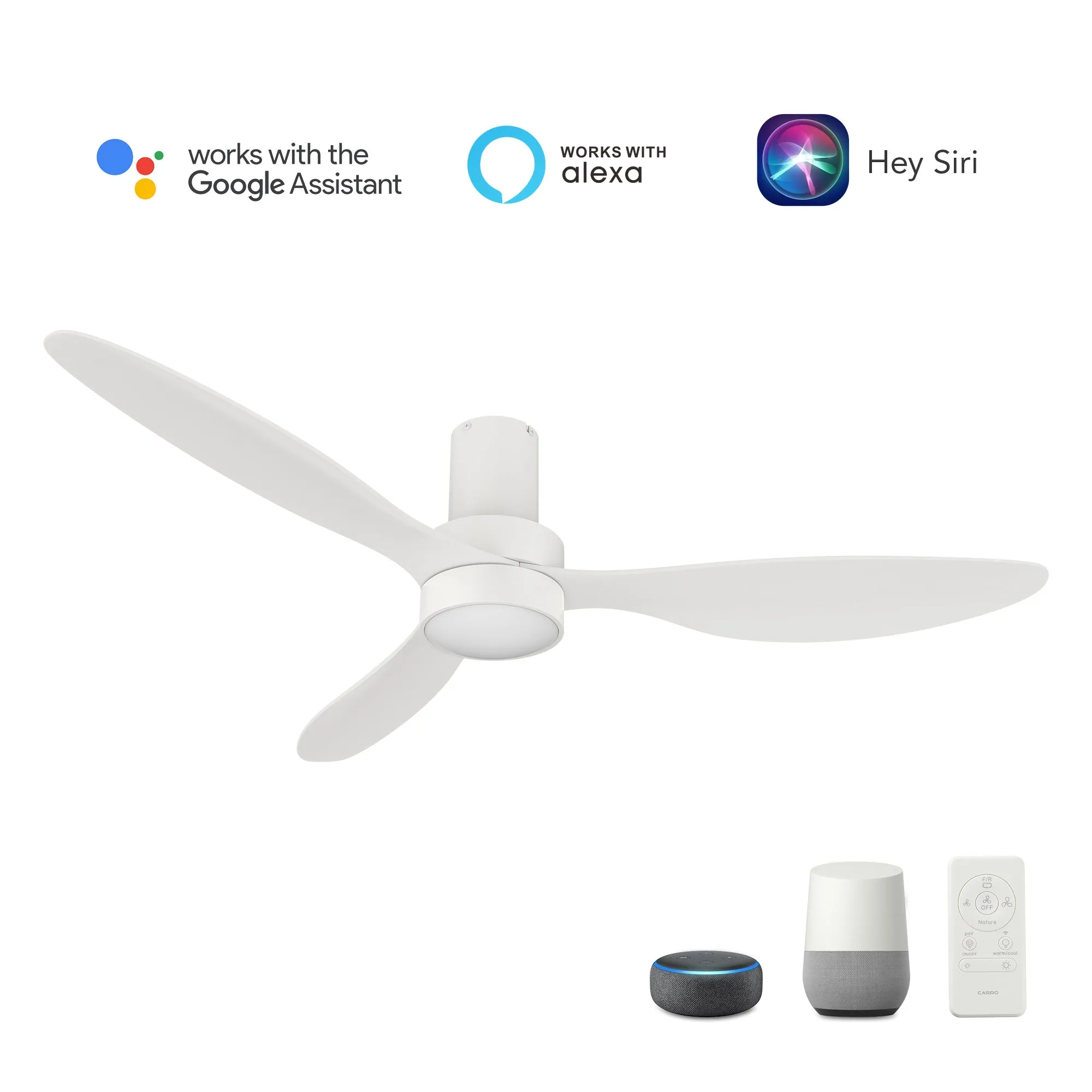 AURORA 52 inch 3-Blade Flush Mount Smart Ceiling Fan with LED Light Kit & Remote- White/White