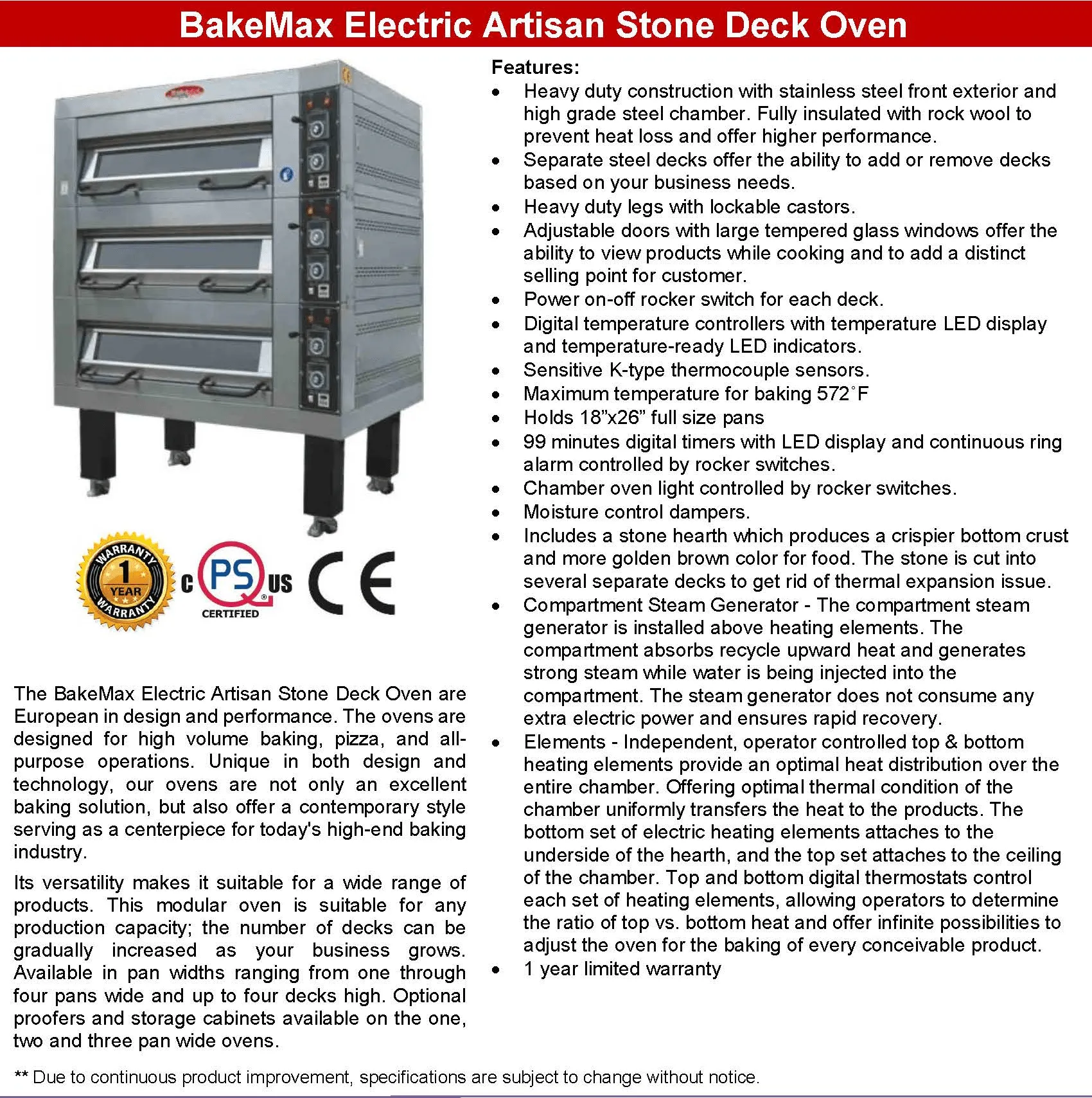BakeMax Electric Artisan Stone Deck Ovens 3 Pan Wide, 1 to 4 decks