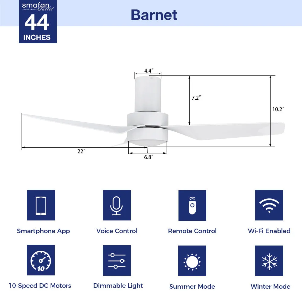 Barnet Flush Mount Smart Ceiling Fan with LED Light and remote 44 inch