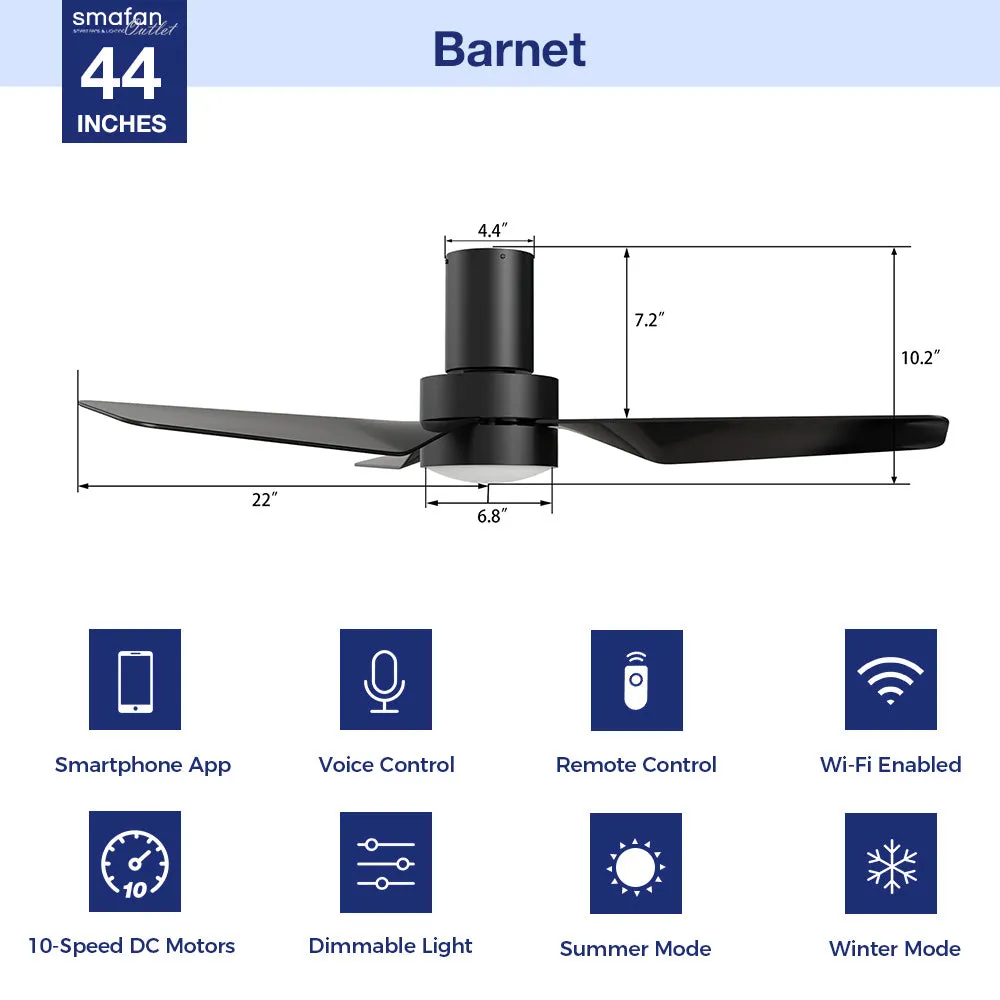 Barnet Flush Mount Smart Ceiling Fan with LED Light and remote 44 inch