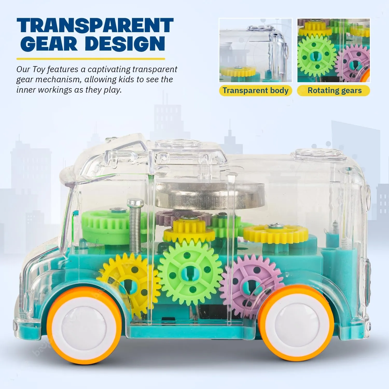 BAYBEE Transparent 360° Gear Rotating Mini Bus Vehicle Toys for Kids with Colourful Led Light & Sound Toy for Toddlers | Gear Friction Birthday Gift Toy for Kids 1-10 Years Boys & Girls (Green)