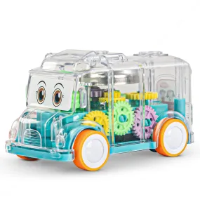 BAYBEE Transparent 360° Gear Rotating Mini Bus Vehicle Toys for Kids with Colourful Led Light & Sound Toy for Toddlers | Gear Friction Birthday Gift Toy for Kids 1-10 Years Boys & Girls (Green)