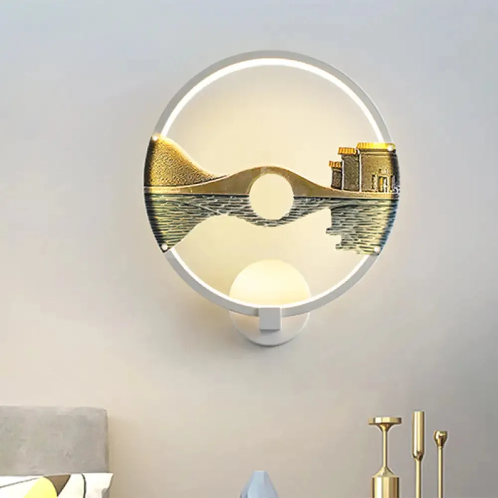 Black/White Round Bridge Wall Mural LED Acrylic Wall Light Fixture, Oriental Style