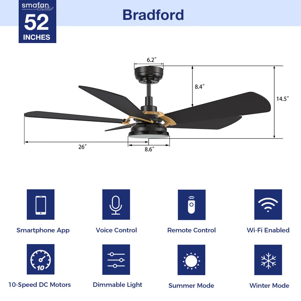 Bradford Outdoor Ceiling Fan with Dimmable LED Light Remote 52"-Smart
