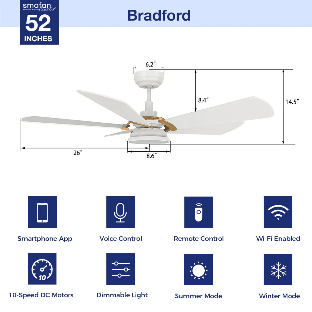 Bradford Outdoor Ceiling Fan with Dimmable LED Light Remote 52"-Smart