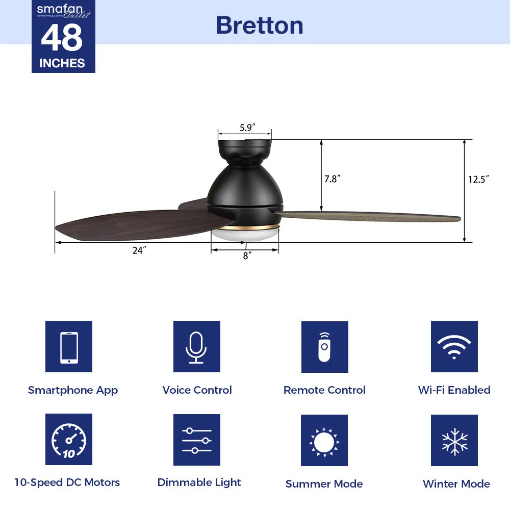 Bretton Low Profile Outdoor/Indoor Smart Fan with LED Light Remote 48"