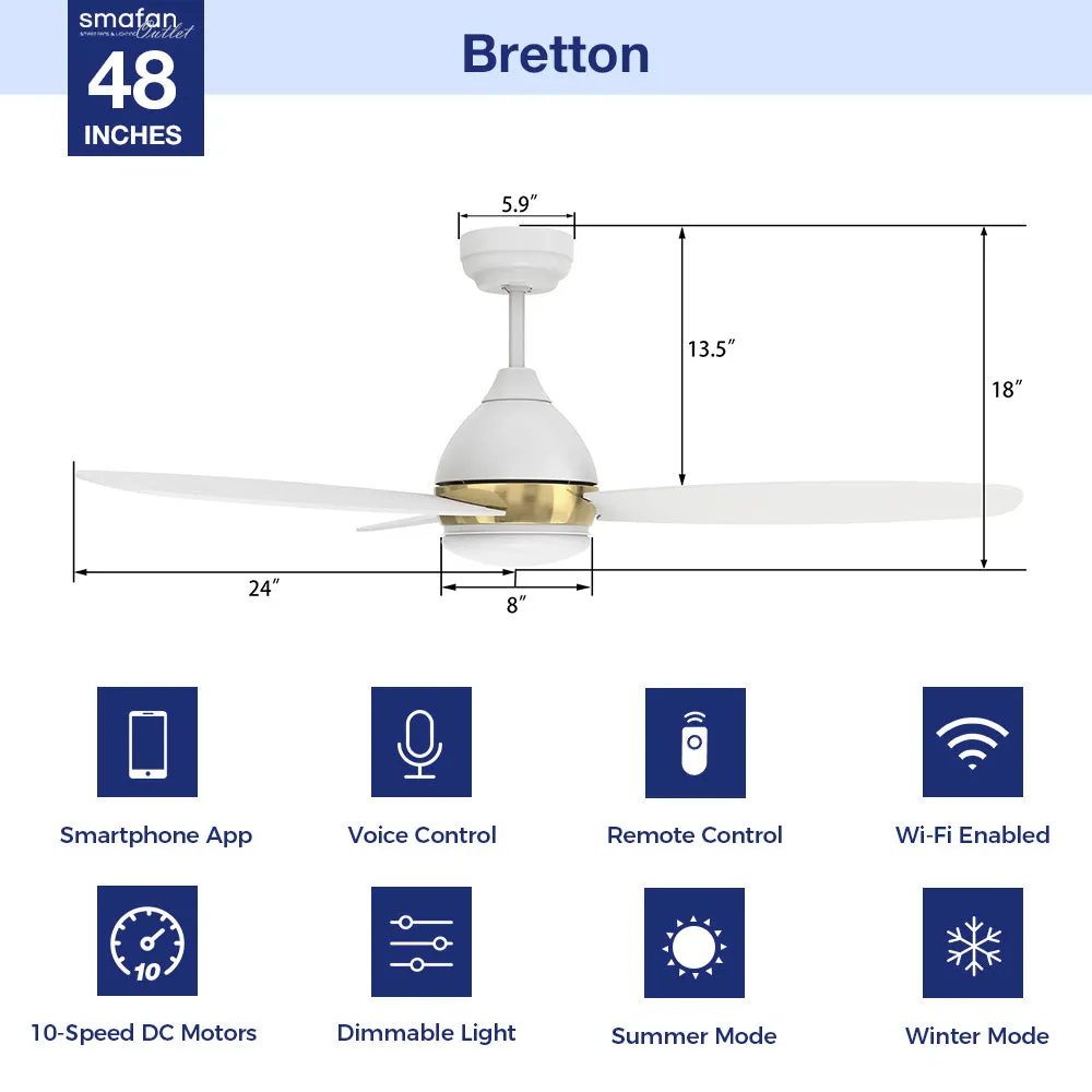 Bretton Smart Outdoor Ceiling Fan with Dimmable LED Light Remote 48"