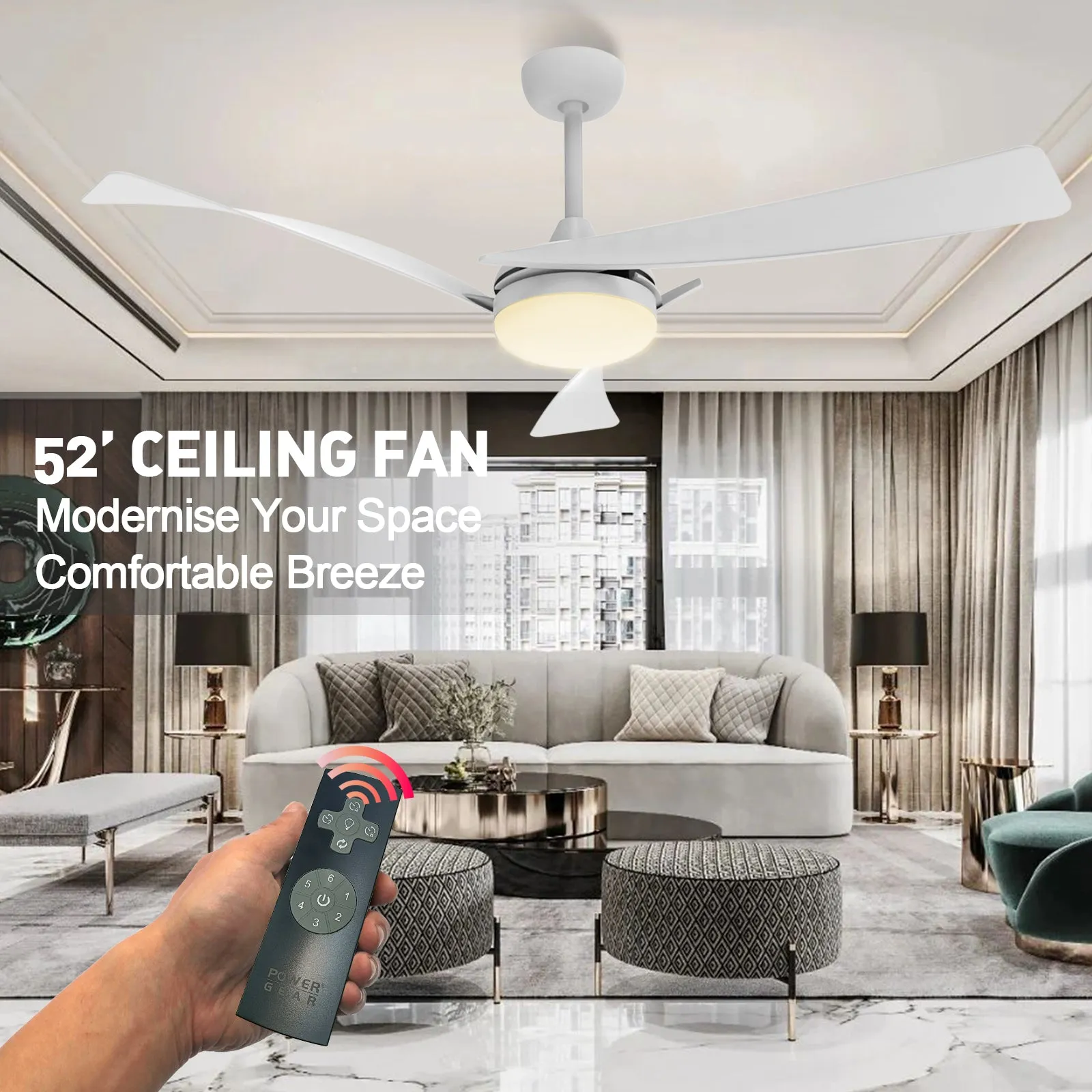 CAIRNS 132cm / 52 inch 3 Blade DC Modern Ceiling Fan LED Light kit 24W 4000K White