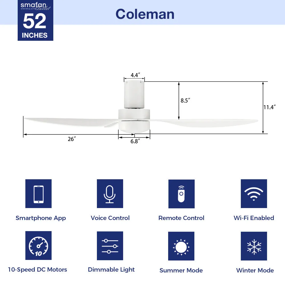 Coleman Low Profile Smart Fan with LED light and Remote 52 Inch