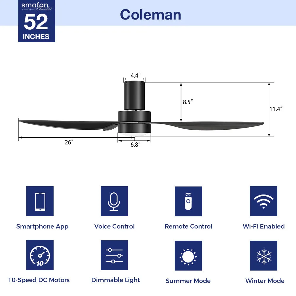 Coleman Low Profile Smart Fan with LED light and Remote 52 Inch