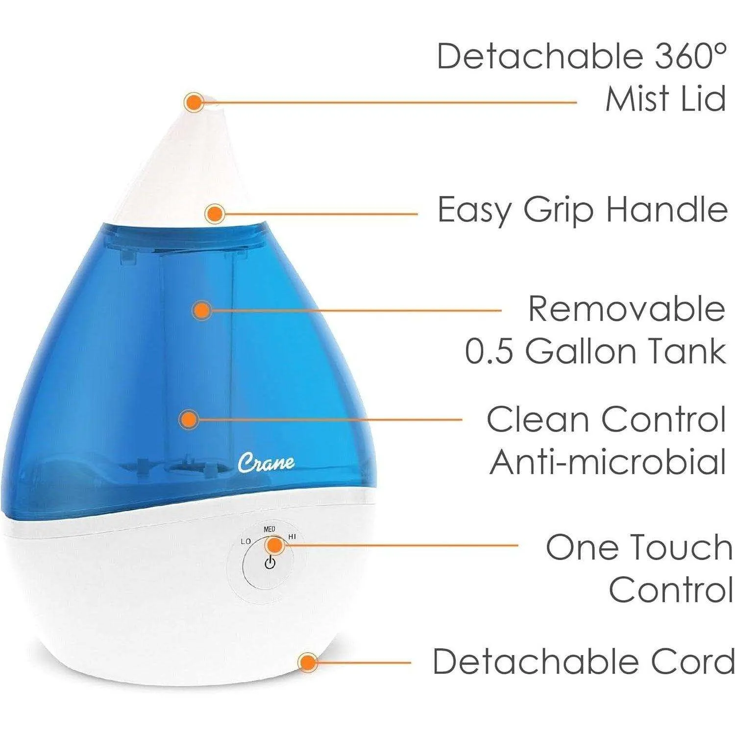 Crane Droplet Ultrasonic Cool Mist Humidifier Blue/White - 0.5 Gallon