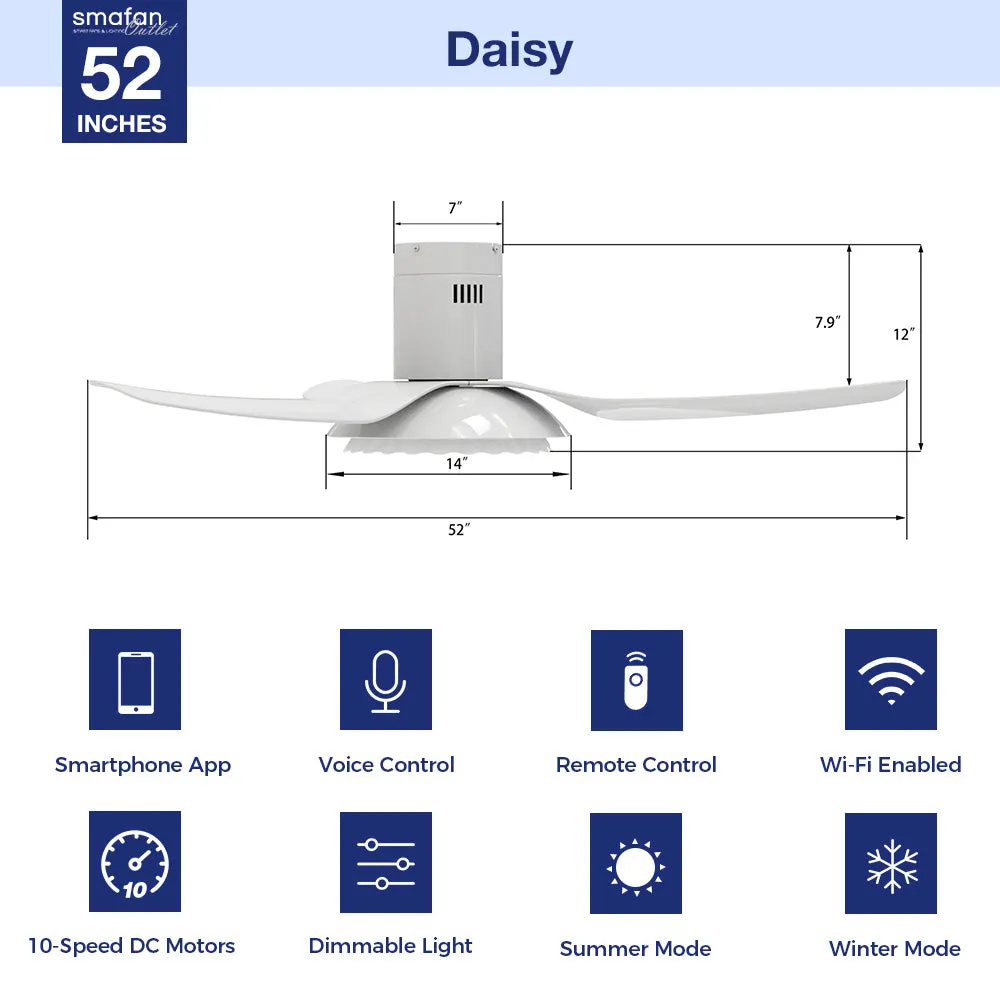 Daisy Low Profile Smart Ceiling Fan with LED Light and remote 52 inch