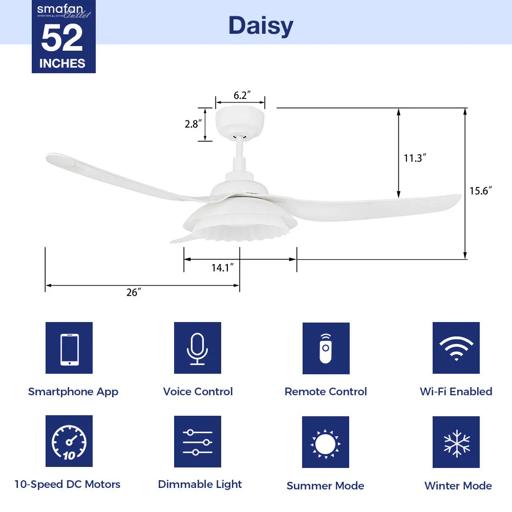 Daisy Smart White Ceiling Fan with LED Light and Remote 52"
