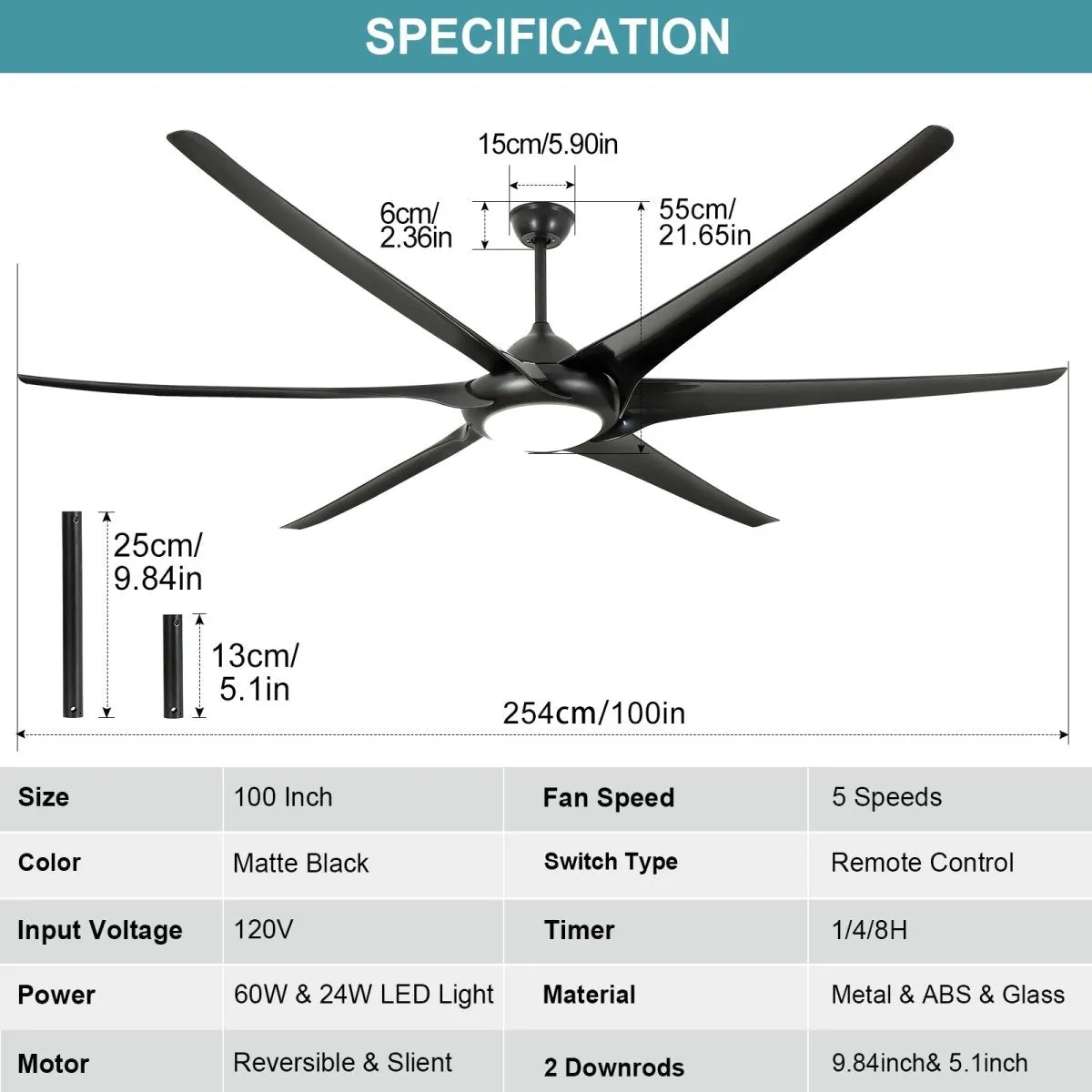 Depuley 100" Ceiling Fans with Lights and Remote, Large Black Ceiling Fan with Light LED, Modern Reversible Ceiling Fan with 5-Speed for Office & Covered Outdoor, Color Changeable 3000K-6000K, Timer