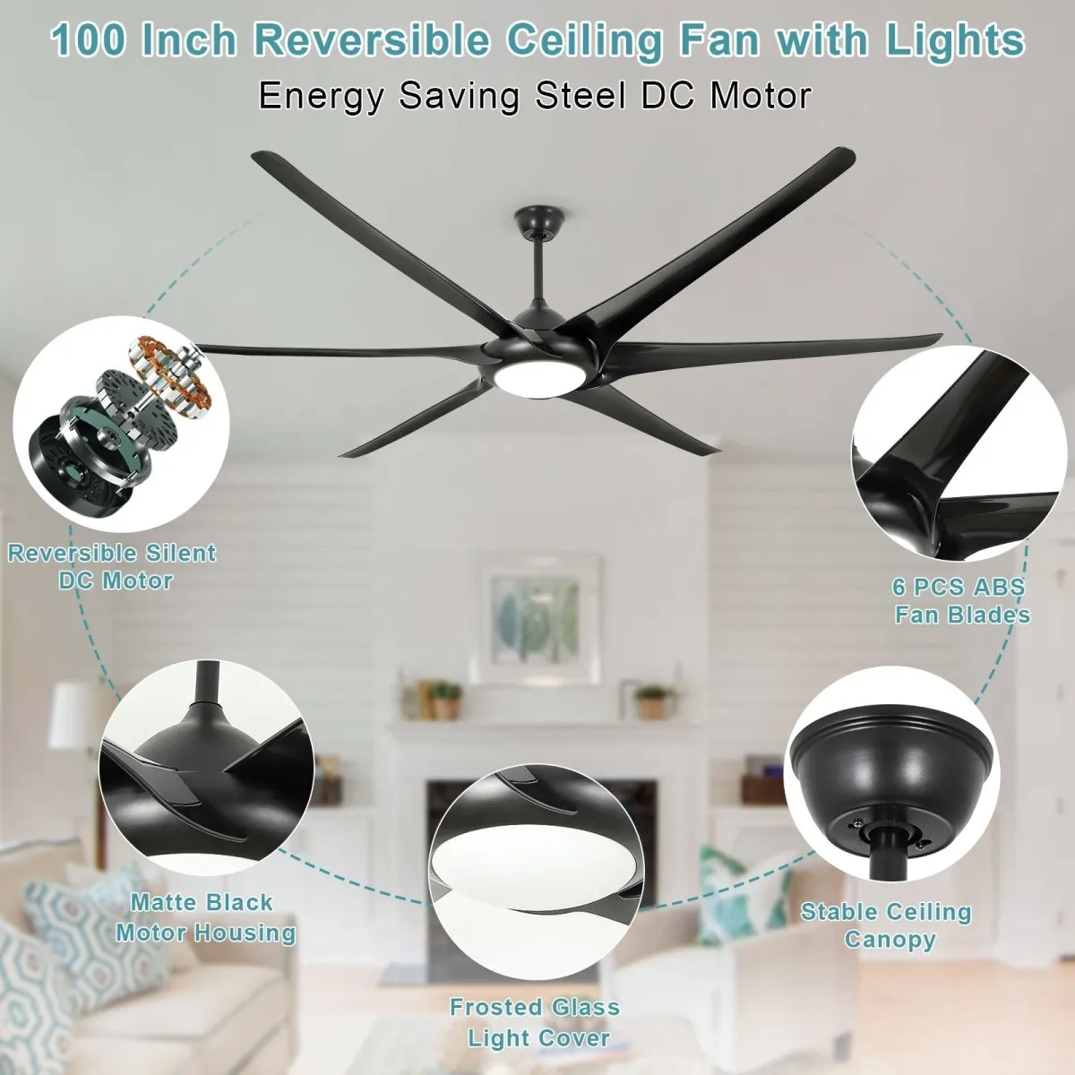 Depuley 100" Ceiling Fans with Lights and Remote, Large Black Ceiling Fan with Light LED, Modern Reversible Ceiling Fan with 5-Speed for Office & Covered Outdoor, Color Changeable 3000K-6000K, Timer